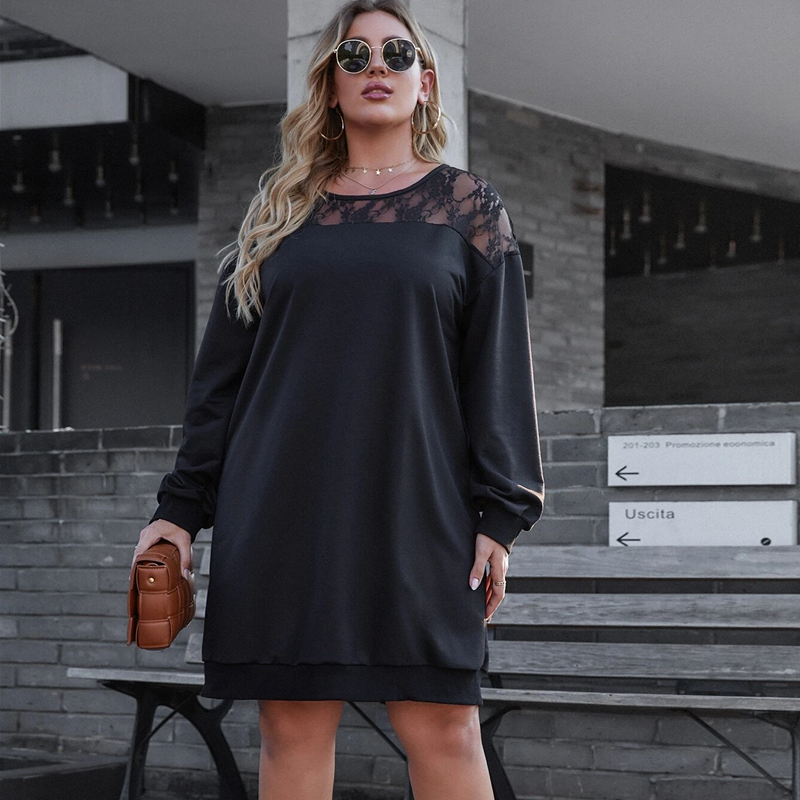 Black Lace-Trim Round Neck Sweatshirt Dress / Black / 8XL