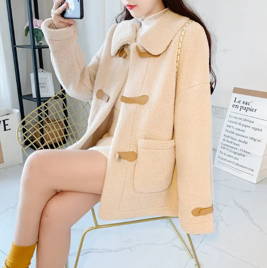 Lamb Wool Lapel Button Coat / White / 3XL