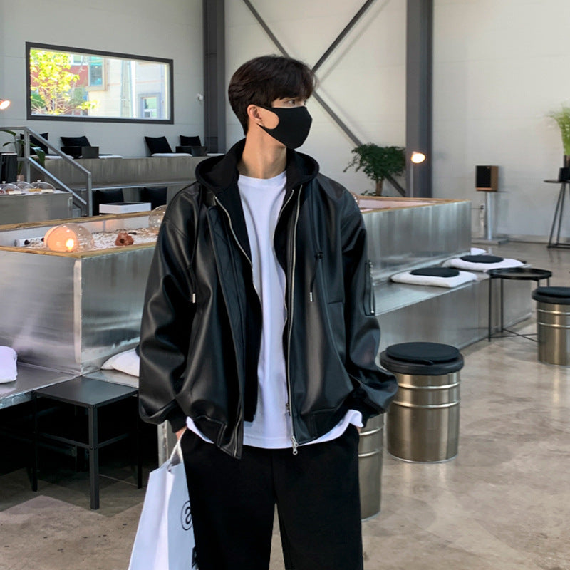 Patchwork Hooded Horse Leather Jacket / Black / L