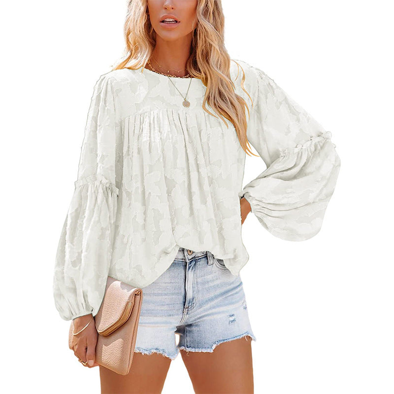 Floral Jacquard Lantern Sleeve Blouse / White / M