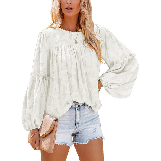 Floral Jacquard Lantern Sleeve Blouse / White / M