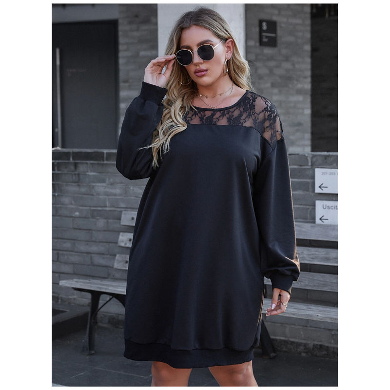Black Lace-Trim Round Neck Sweatshirt Dress / Black / 7XL