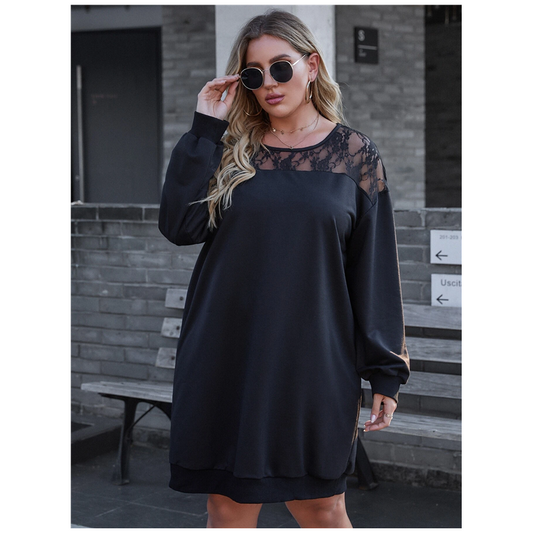 Black Lace-Trim Round Neck Sweatshirt Dress / Black / 7XL