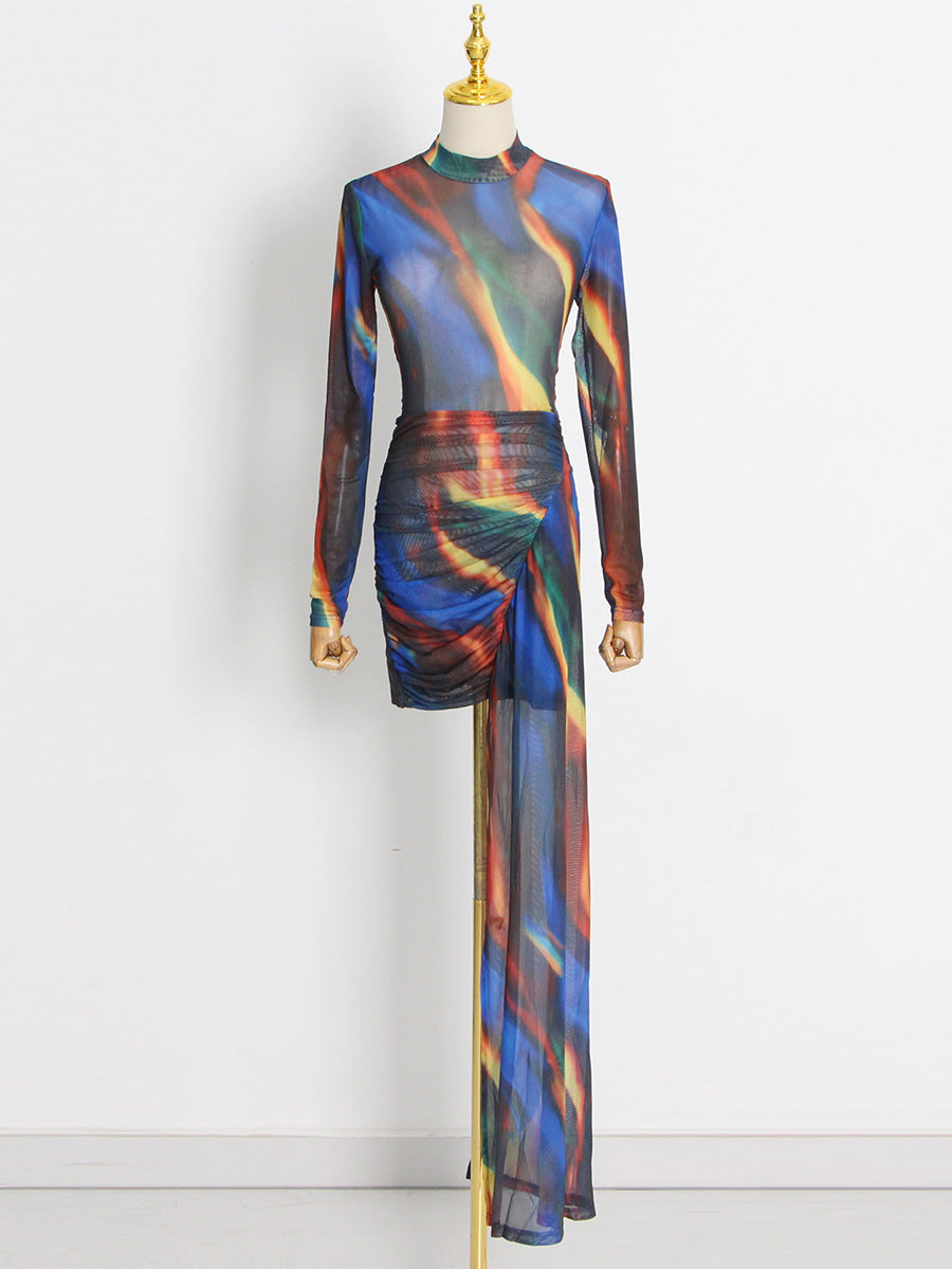 Blue Tie-Dye Stand Collar Asymmetric Maxi Dress
