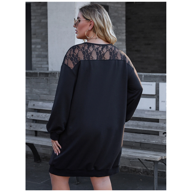 Black Lace-Trim Round Neck Sweatshirt Dress / Black / 5XL