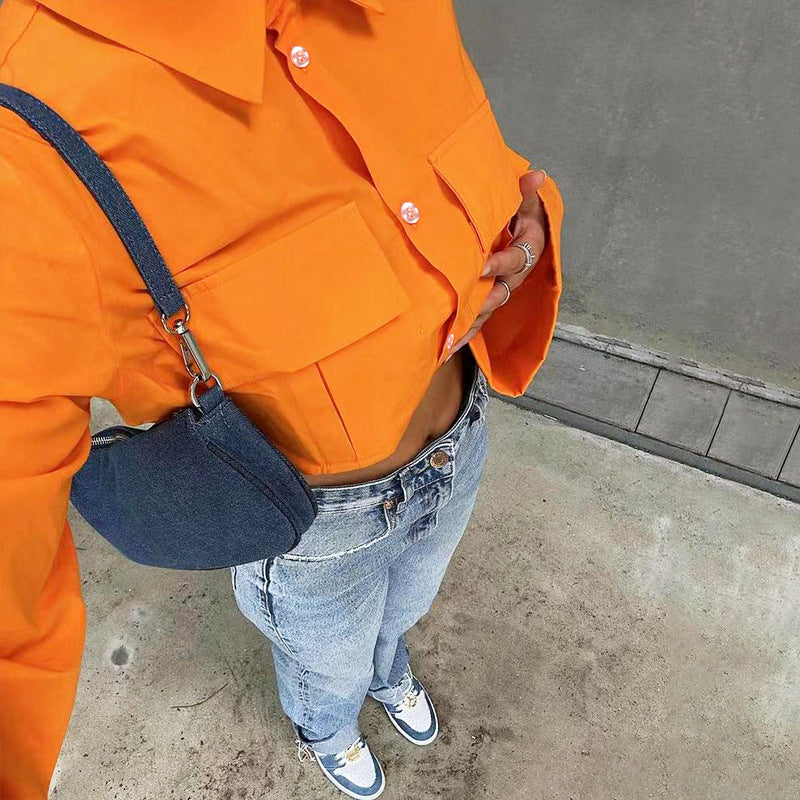 Solid Pocket Loose Cardigan Shirt / Orange / XL