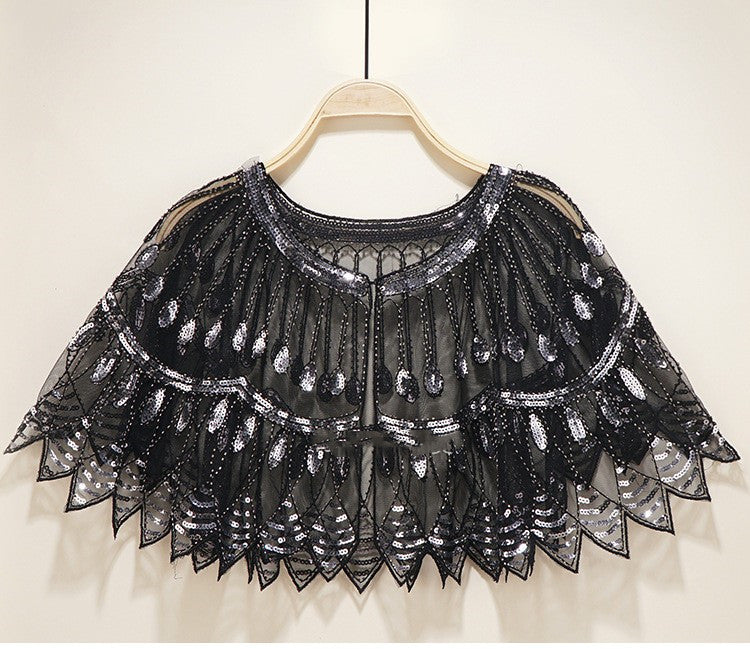 Vintage Sequin Fringe Shawl / Cape black silver / One size