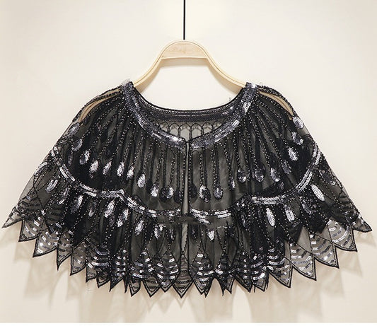 Vintage Sequin Fringe Shawl / Cape black silver / One size