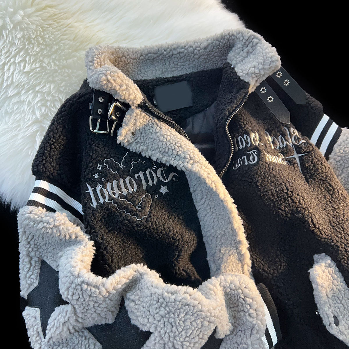 Cartoon Cashmere Baseball Jacket / White / 2XL