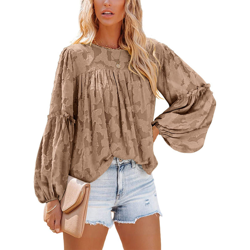 Floral Jacquard Lantern Sleeve Blouse / Yellow / L