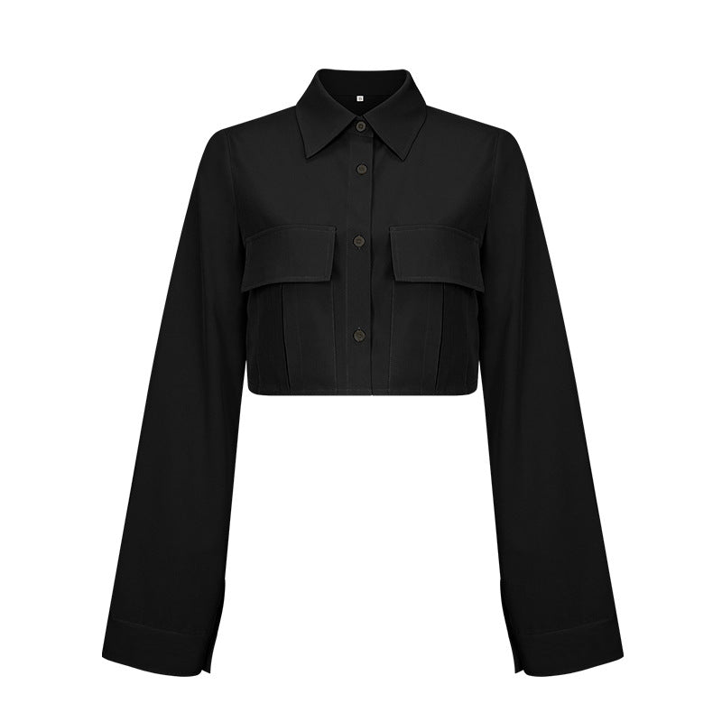 Solid Pocket Loose Cardigan Shirt / Black / M