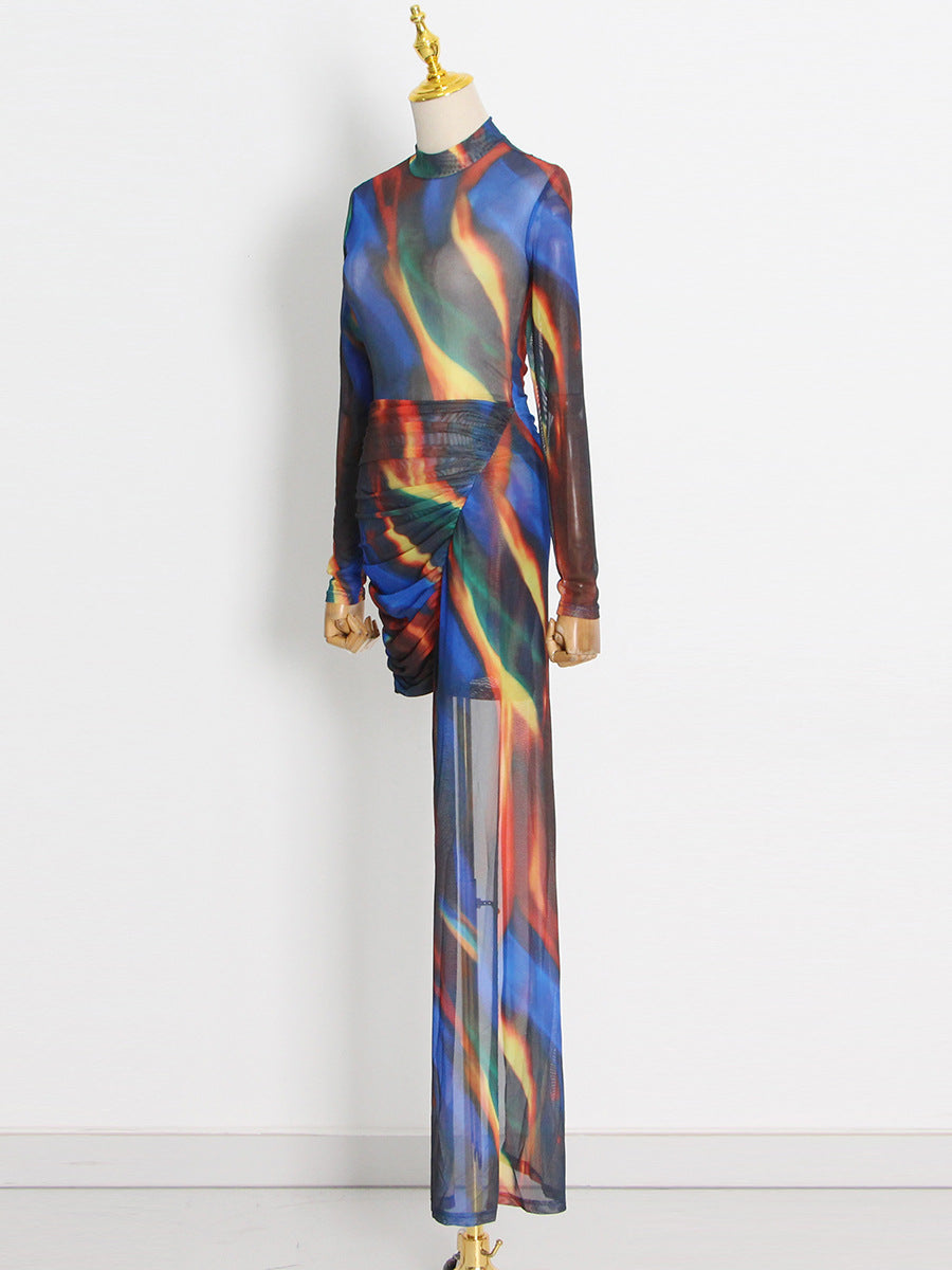 Blue Tie-Dye Stand Collar Asymmetric Maxi Dress