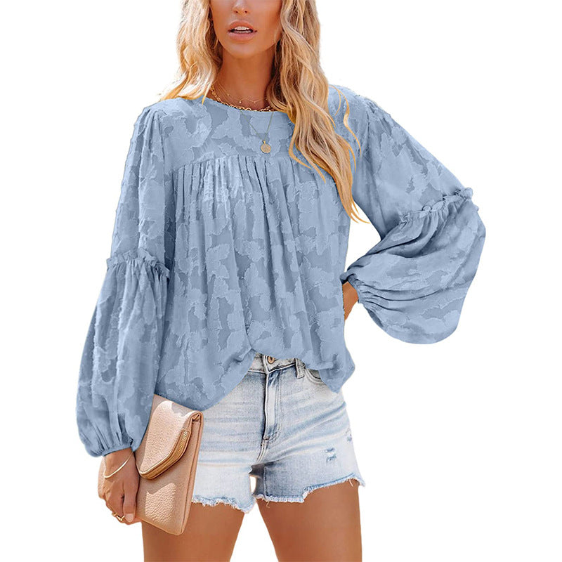 Floral Jacquard Lantern Sleeve Blouse / Yellow / M
