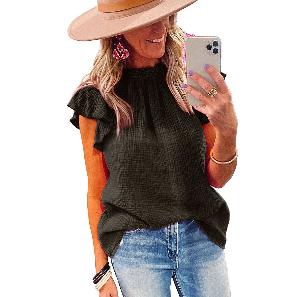 Round Neck Cotton Casual Shirt / Apricot / L