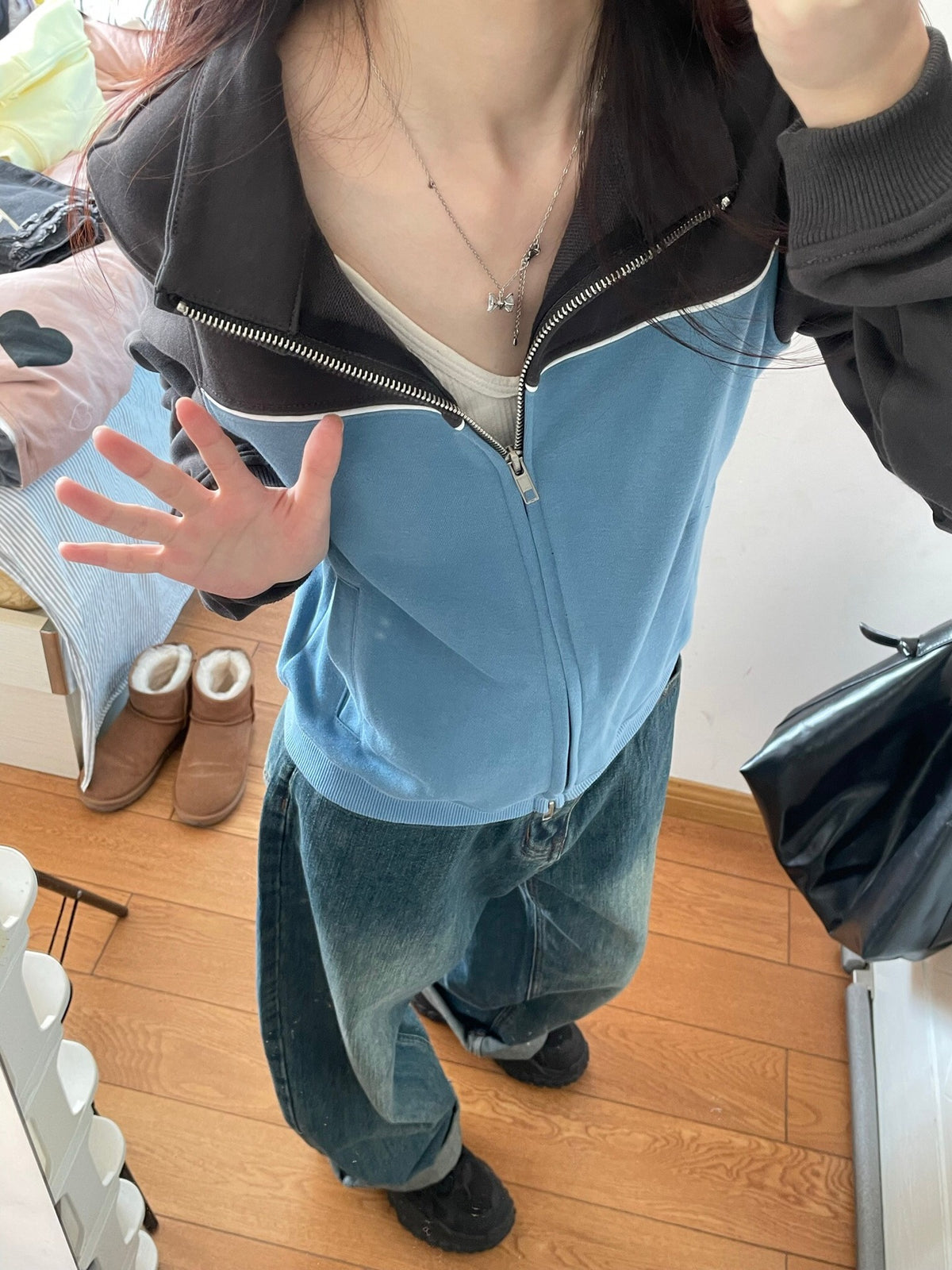 Retro Color-Block Stand Collar Zip Sweatshirt / Blue / L