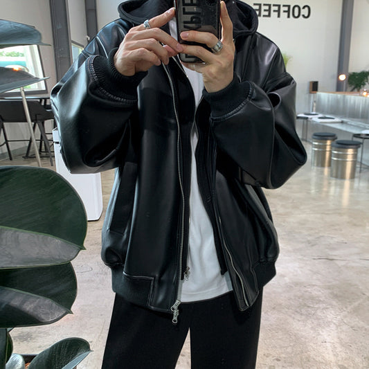 Patchwork Hooded Horse Leather Jacket / Black / XL