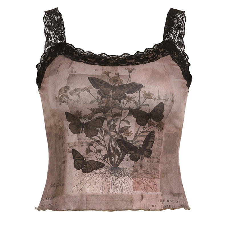 Brown Lace Patchwork Sleeveless Top