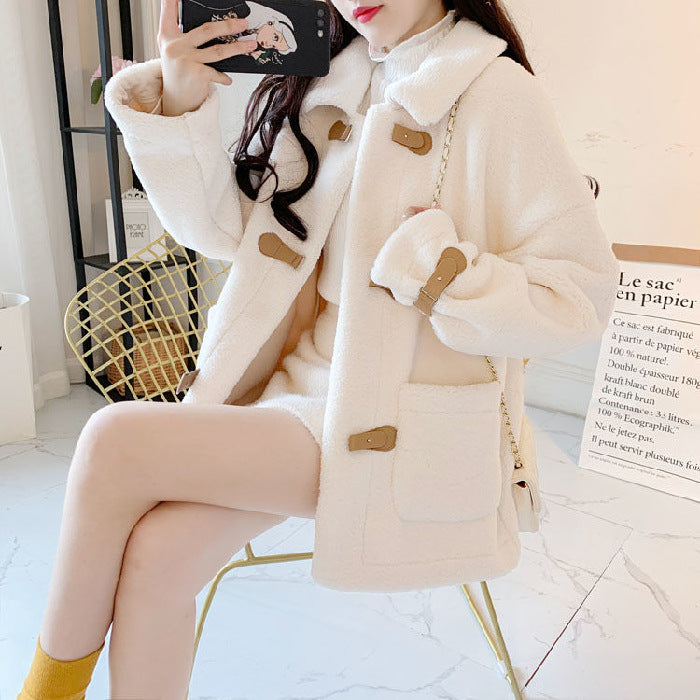 Lamb Wool Lapel Button Coat / White / 2XL