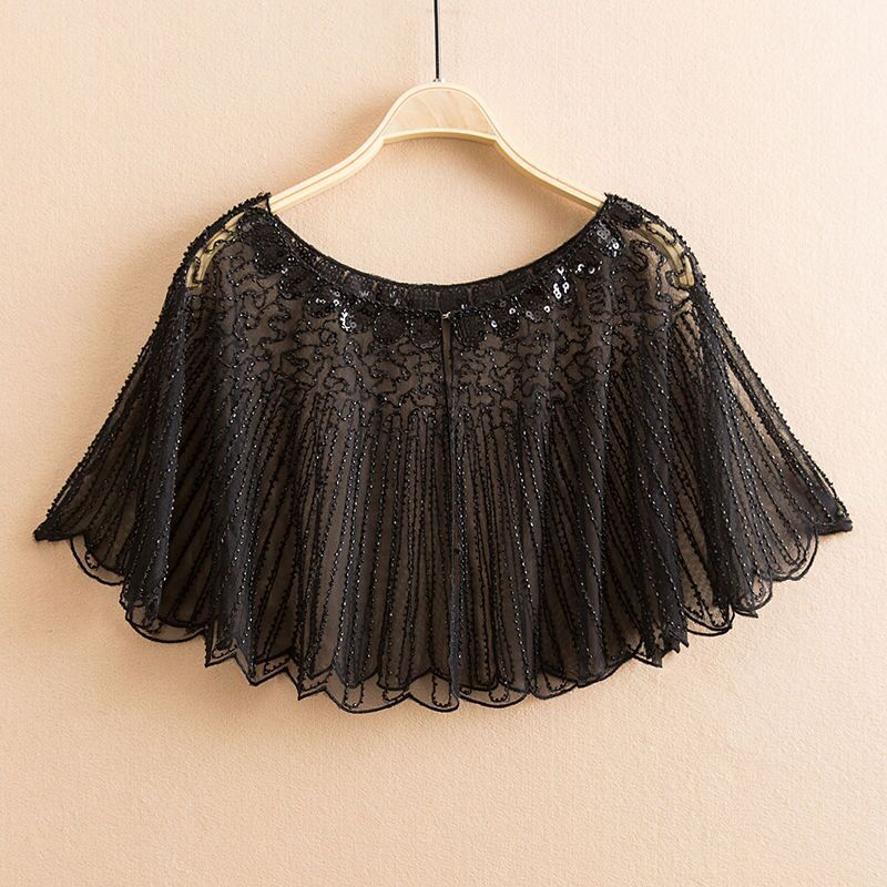 Vintage Sequin Fringe Shawl / Cape black1 / One size