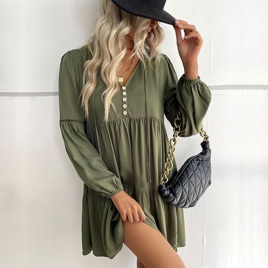 Solid Long Sleeve Loose Dress / Army Green / M