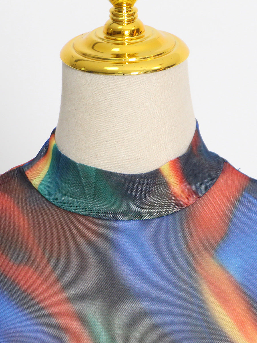 Blue Tie-Dye Stand Collar Asymmetric Maxi Dress