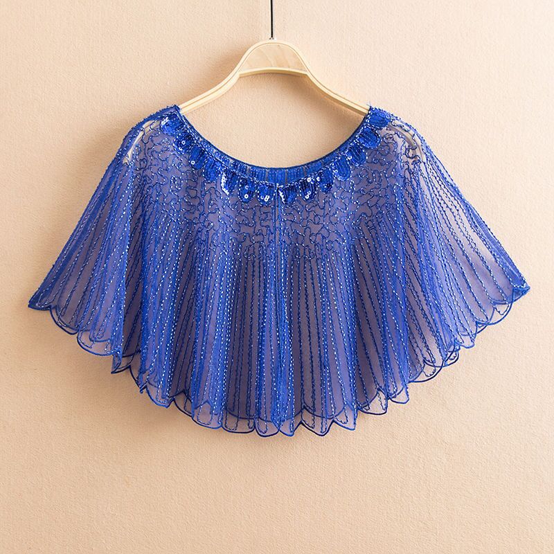 Vintage Sequin Fringe Shawl / Cape blue / One size