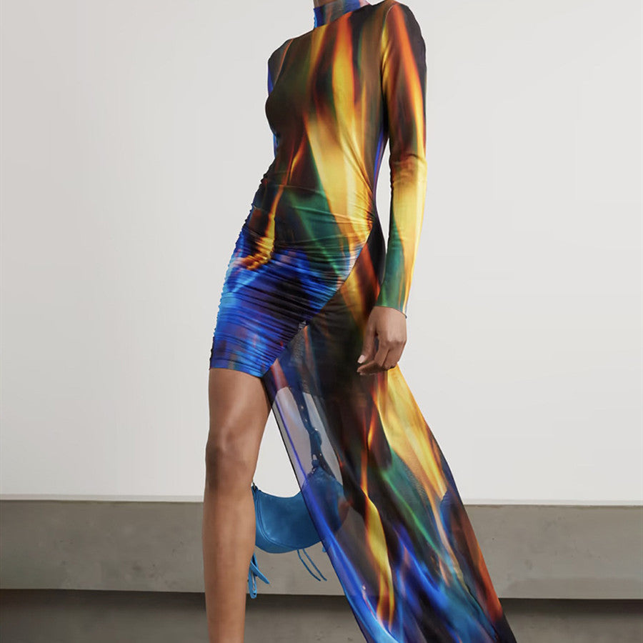Blue Tie-Dye Stand Collar Asymmetric Maxi Dress / Blue / XL