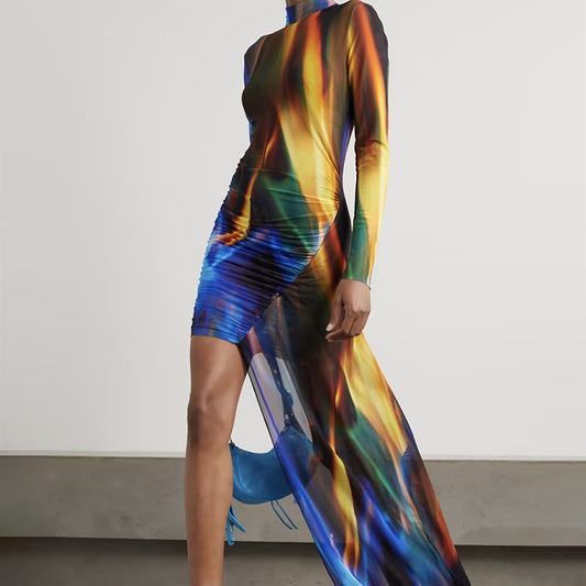 Blue Tie-Dye Stand Collar Asymmetric Maxi Dress / Blue / XL